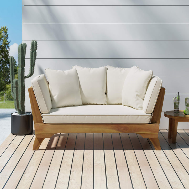 Christopher Knight Home Patrick Outdoor Acacia Wood Expandable Daybed with Water Teak Finish + Khaki + Beige Cushion - Diamond Home USA