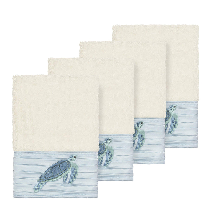 Turkish Cotton Turtles Embroidered Cream 4-Piece Washcloth Set Blue Cream