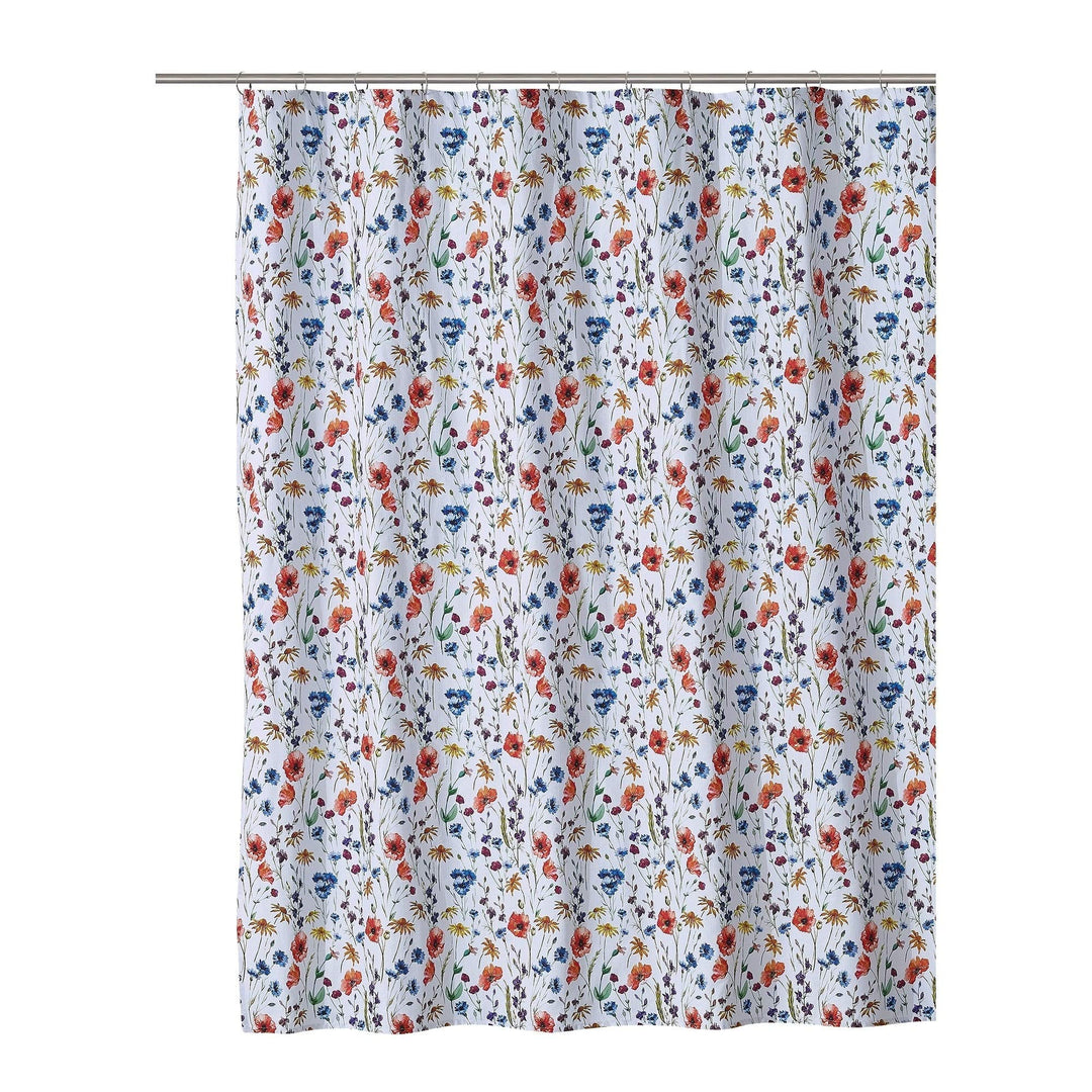 Poppy Shower Curtain White Floral Modern Contemporary Cotton Blend - Diamond Home USA