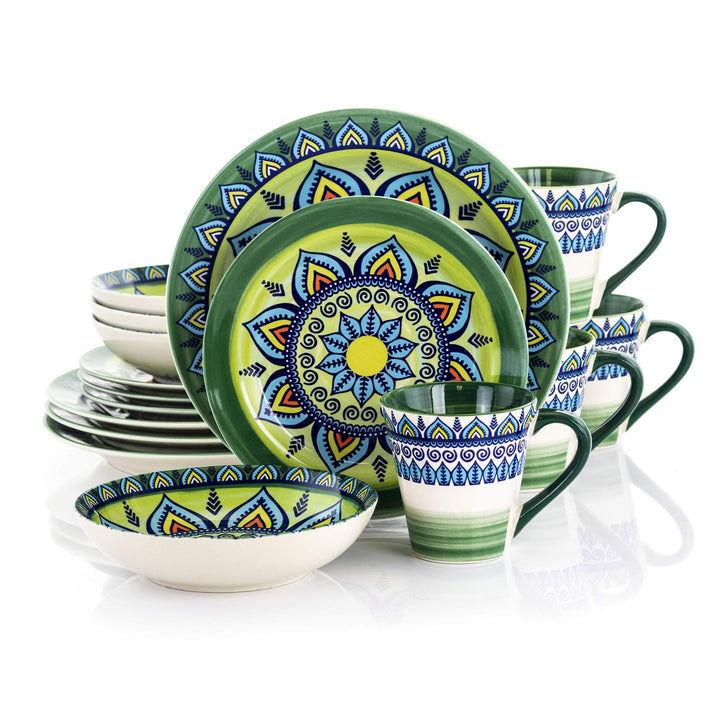 16 Piece Round Stoneware Dinnerware Set in Green Floral Casual Microwave Safe