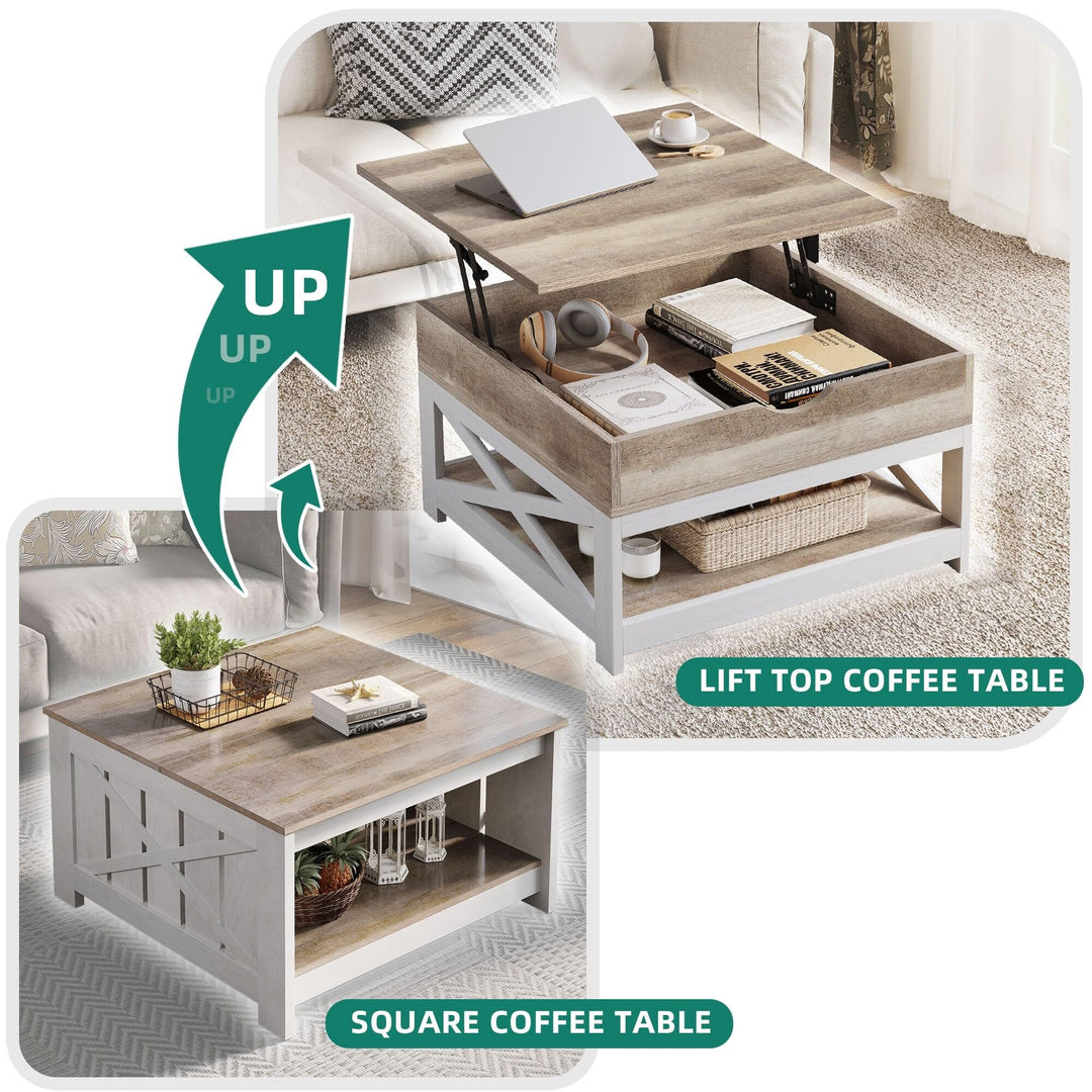 Farmhouse Lift Top Square Coffee Table with Storage and Shelf Grey Modern - Diamond Home USA