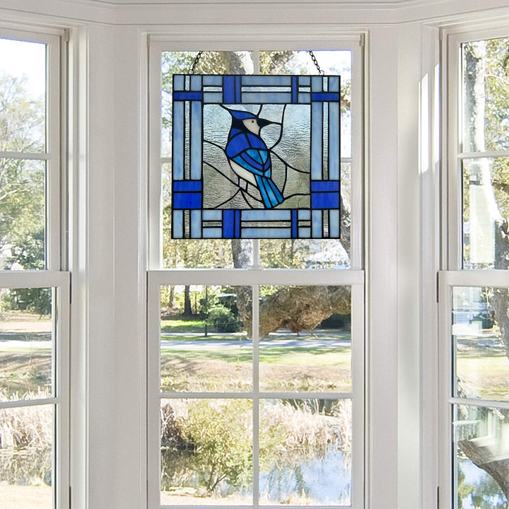 11" h The Blue Jay Stained Glass Window Panel 11" X 0.25" Traditional Square