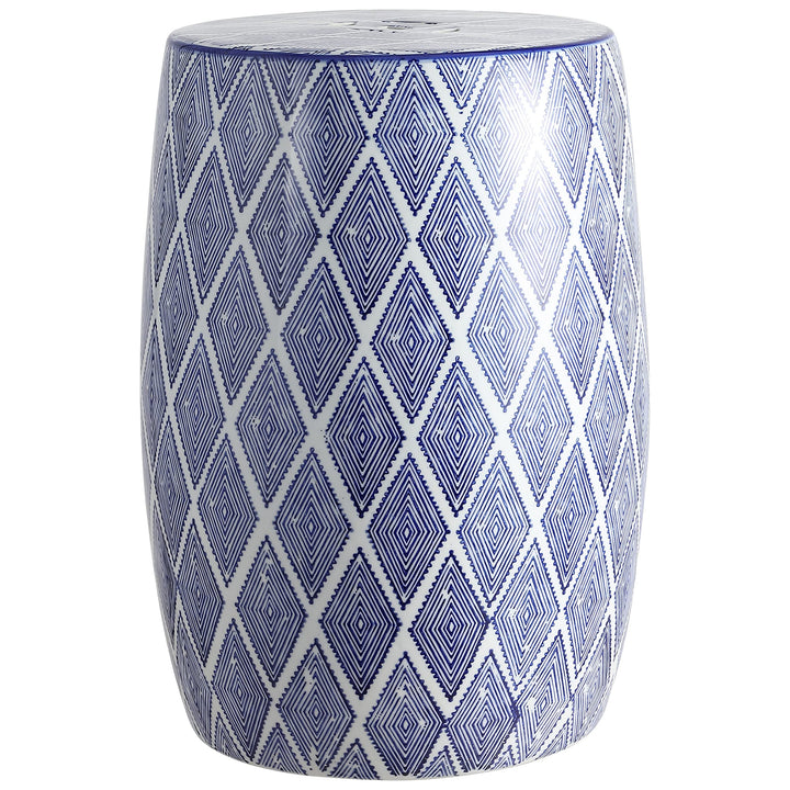 Moroccan Diamonds 18" Ceramic Drum Garden Stool Blue White Modern Contemporary - Diamond Home USA