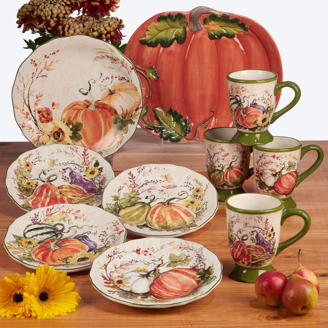 Harvest Morning Pumpkin Platter 13.75" X 11.5" Multi Color Orange White Fruit - Diamond Home USA