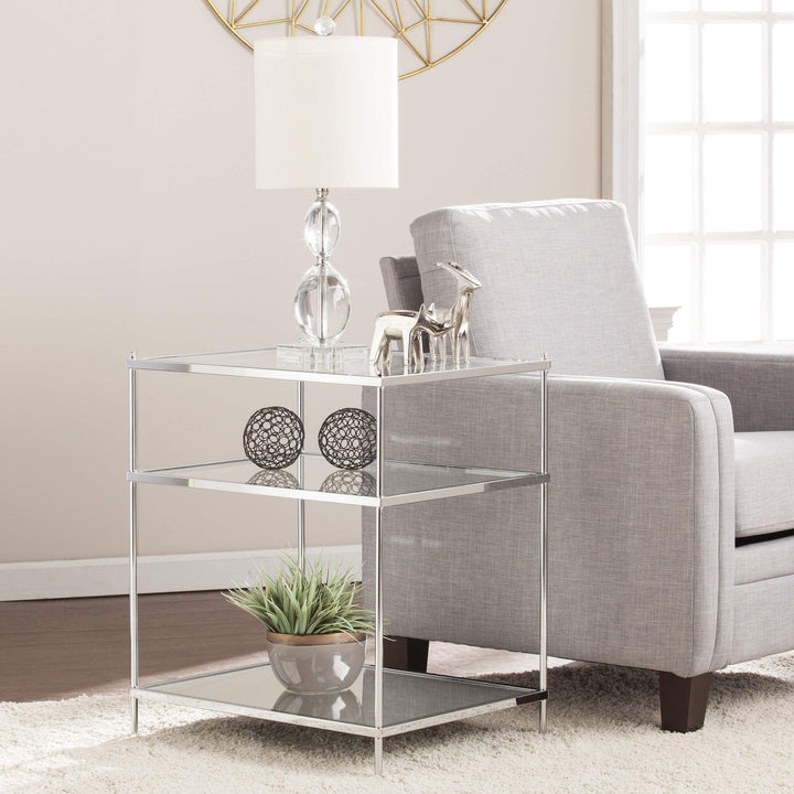 Glam Mirrored Side Table Chrome Silver Rectangle Glass Iron Metal Finish