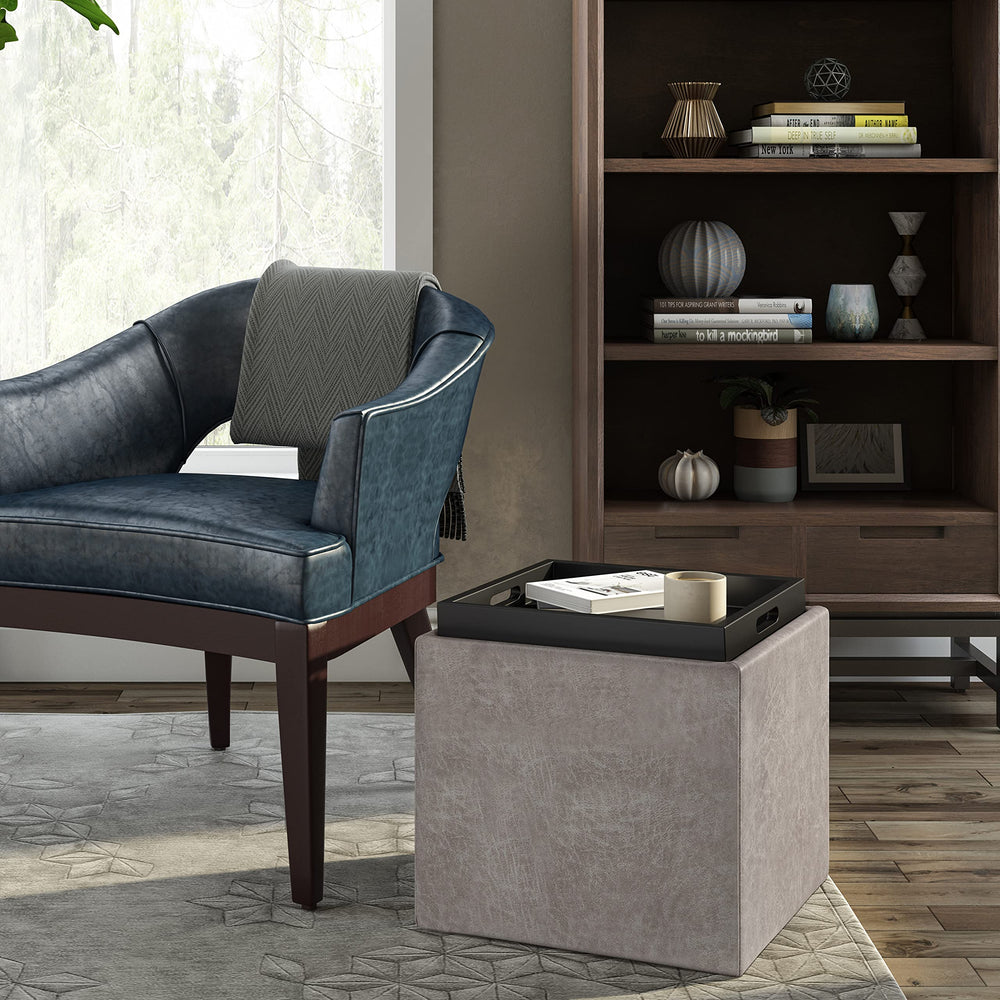 SIMPLIHOME Rockwood 18 Inch Wide Contemporary Square Cube Storage Ottoman with Distressed Grey Taupe - Diamond Home USA