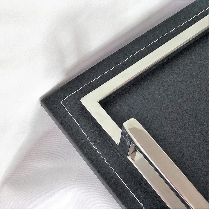 Silver and Black Leather Rectangular Tray with Side Chrome Handles Threaded Trim - Diamond Home USA
