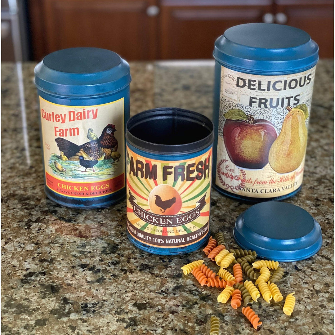 Vintage Farmhouse Decorative 3-piece Canister Blue Country Metal