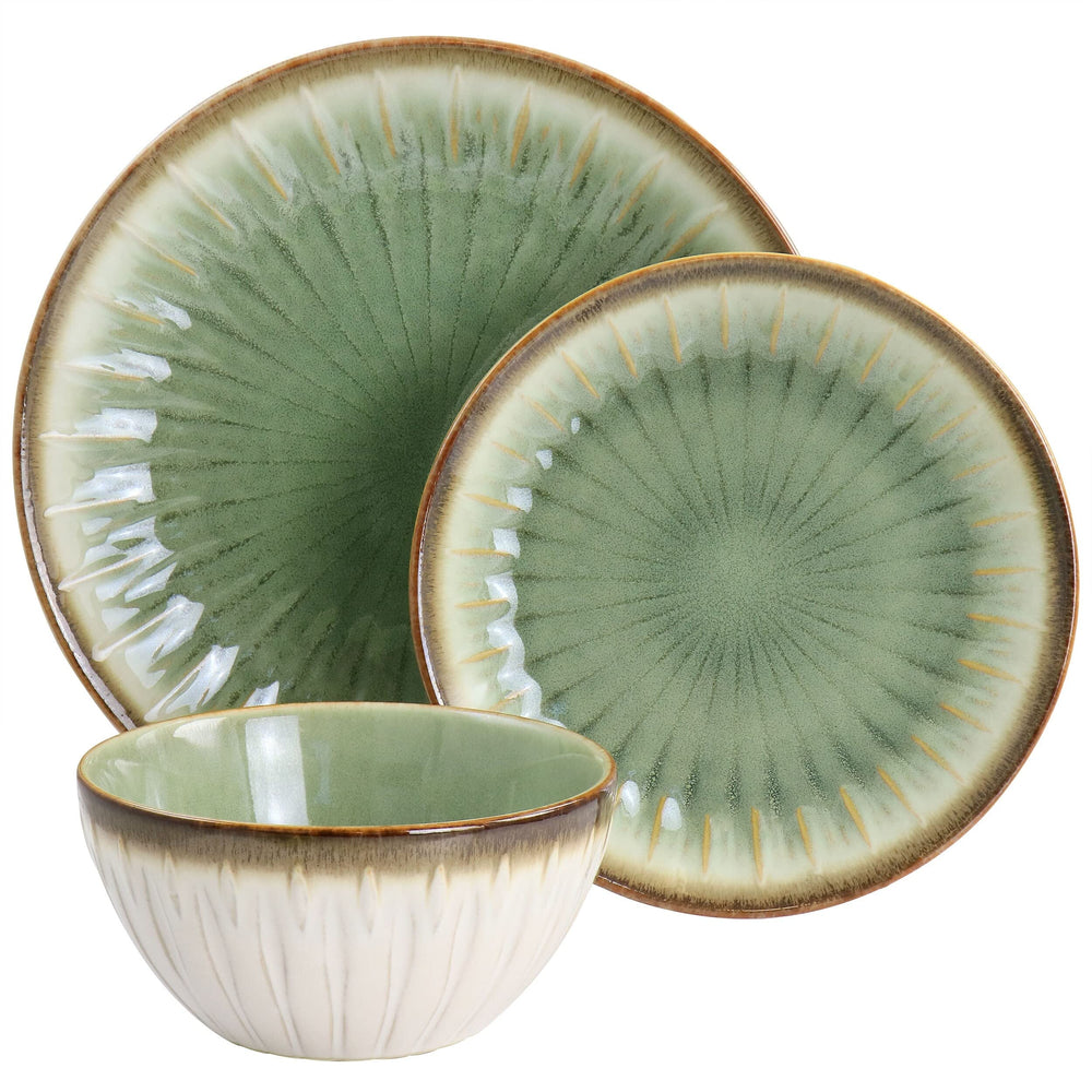 Bay 12 Piece Stoneware Dinnerware Set In Green Textured Traditional Round - Diamond Home USA