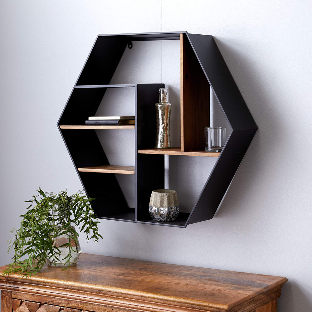 Black Metal and Wood Octagon Wall Shelf 29.5" X 25.75" 30 7 26 Industrial - Diamond Home USA
