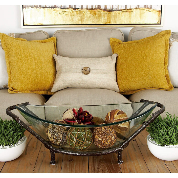 Bowl and Metal Stand Green Glass Iron Clear - 26"W, 9"H