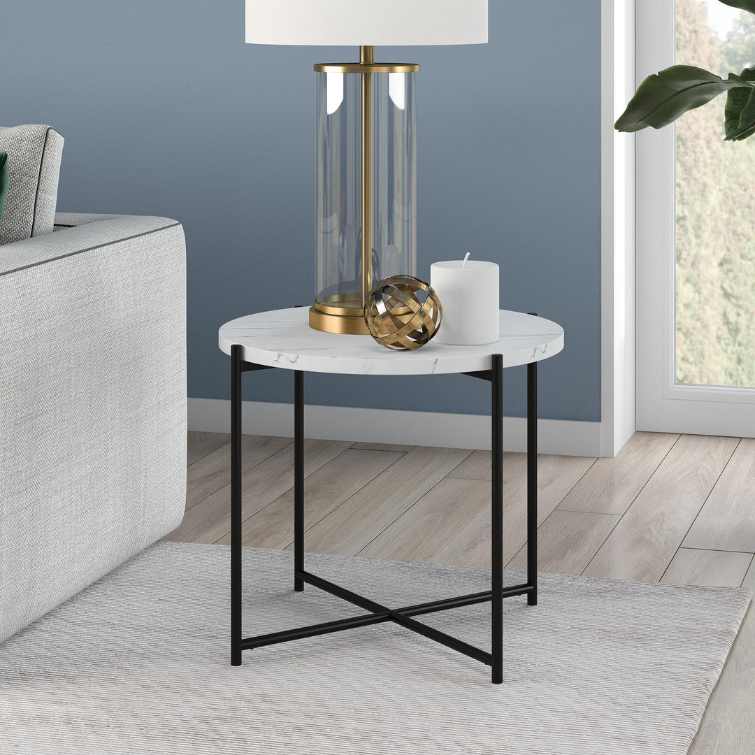 23.63" Wide Round Side Table with Marble Top Black White Modern Contemporary