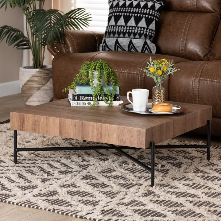 Modern Industrial Walnut Brown Finished Wood and Black Metal Coffee Table Square