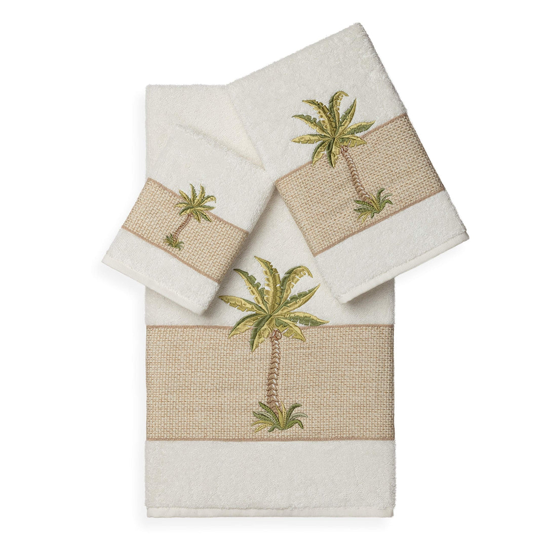 3 Piece Cream White Beach Theme Towel Set Grey Tropical Pattern Towels Palm Tree