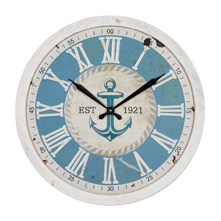 Large Round Blue and White Anchor Wood Wall Clock with Distressed Rim 3.75" X - Diamond Home USA