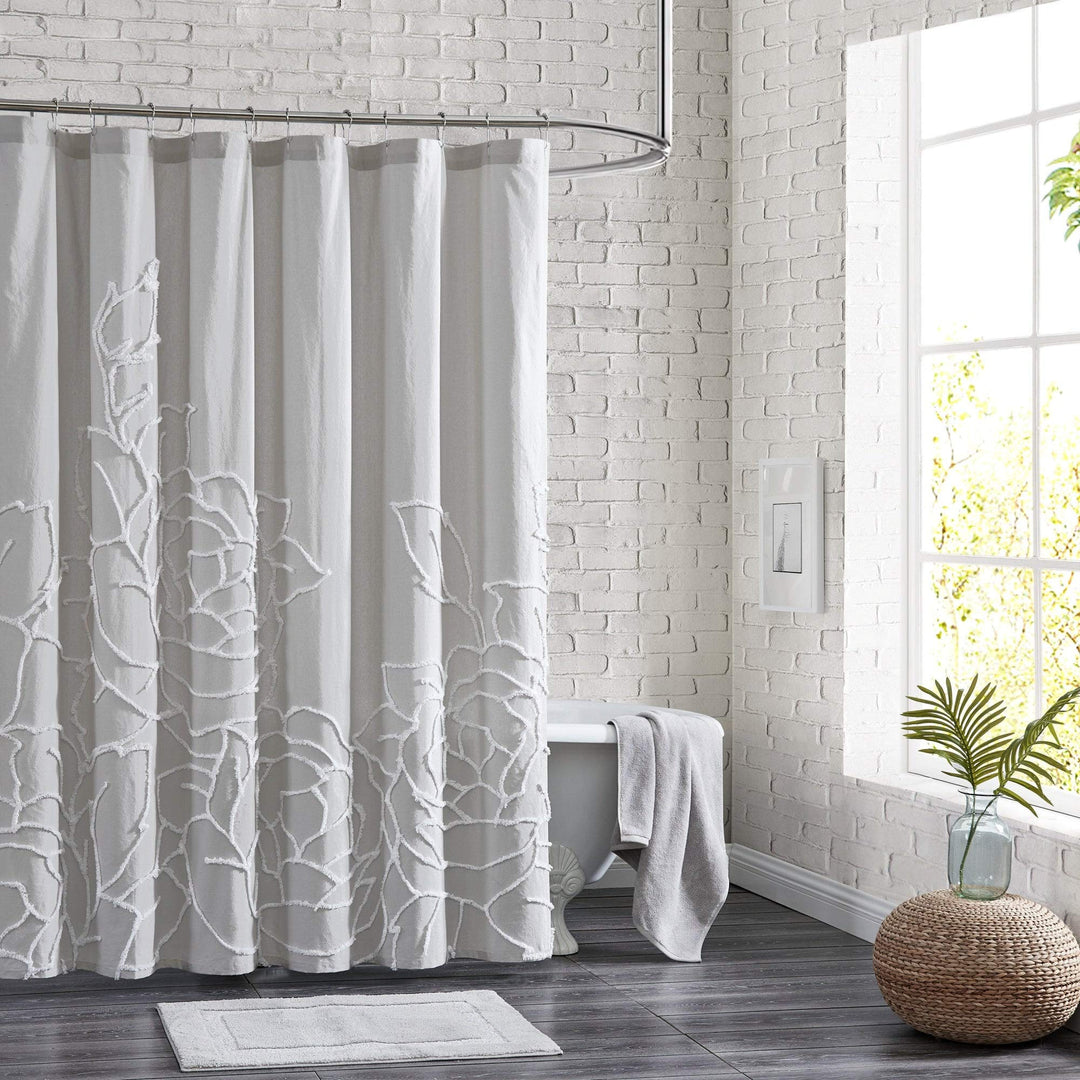 Rose Chenille Tufted Floral Shower Curtain Grey Cottage Farmhouse Modern