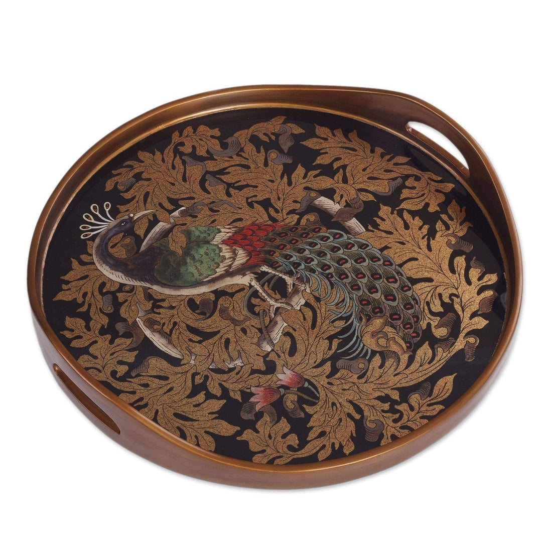 Mystic Peacock in Gold Reverse-Painted Glass Tray Multi Color Wood 1 Piece - Diamond Home USA