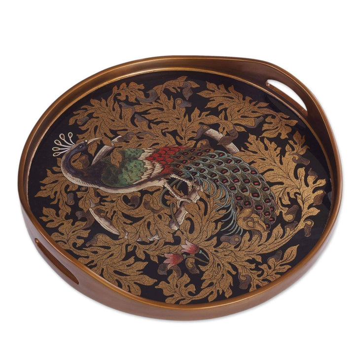 Mystic Peacock in Gold Reverse-Painted Glass Tray Multi Color Wood 1 Piece - Diamond Home USA