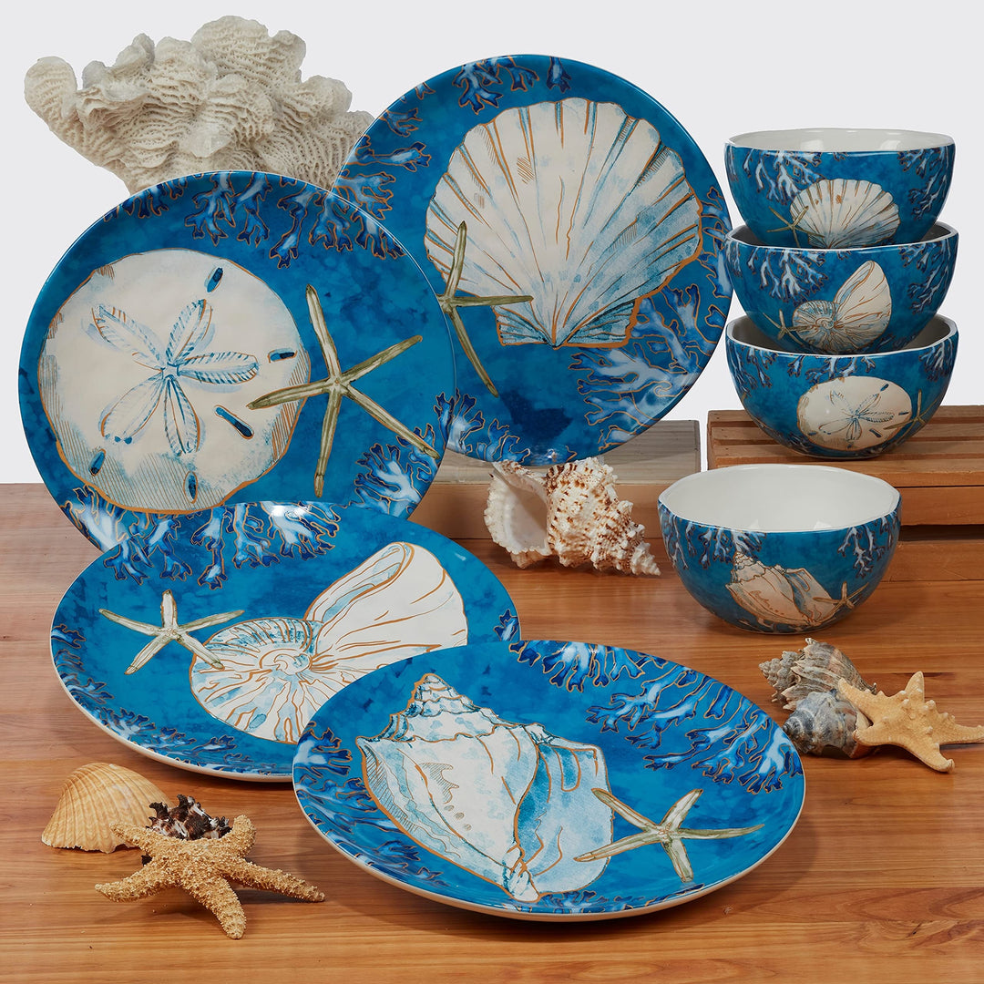 Shells ular Platter Blue Grey White Coastal Nautical Transitional - Diamond Home USA