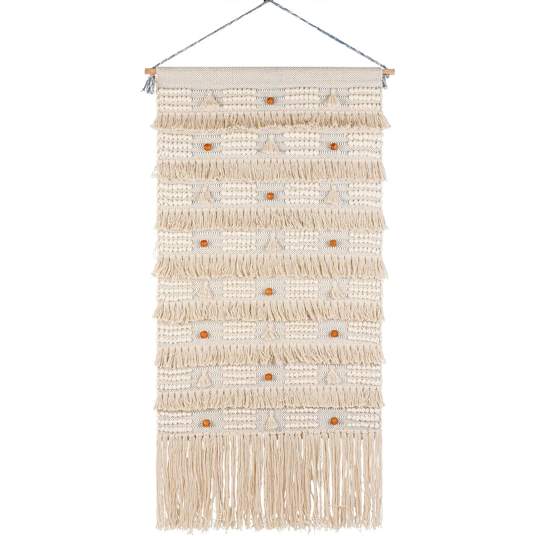Boho Beaded Hand Woven 48x24-inch Wall Hanging 48" h X 24" w Beige Blue Brown