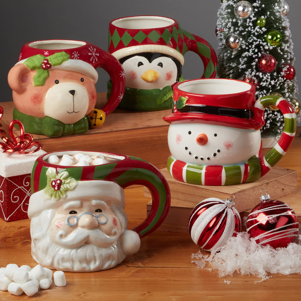 Holiday 4 Pc. Mug Set 18 Oz. Green Multi Color Red Casual Round Piece - Diamond Home USA