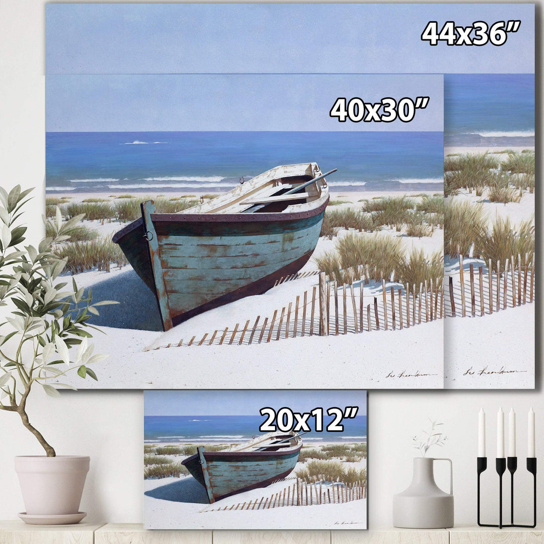 DESIGN ART Designart "Blue Boat on Beach" Nautical & Coastal Canvas Artwork 40 in. wide x 30 in. high - Diamond Home USA