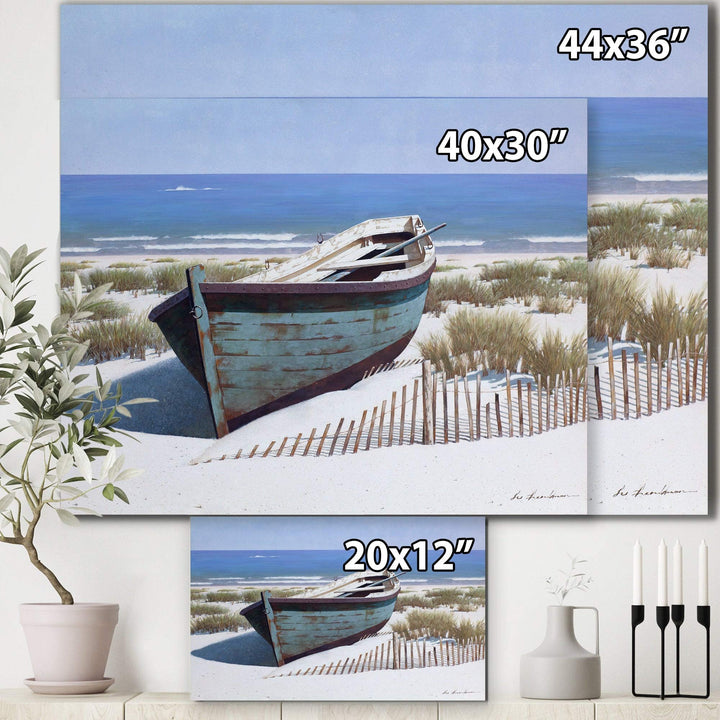 DESIGN ART Designart "Blue Boat on Beach" Nautical & Coastal Canvas Artwork 40 in. wide x 30 in. high - Diamond Home USA