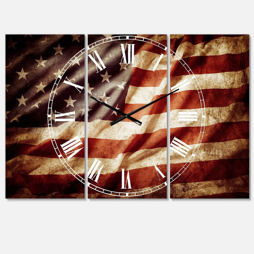 Design Art Designart 'American Flag' Cottage 3 Panels Oversized Wall Clock - - Diamond Home USA