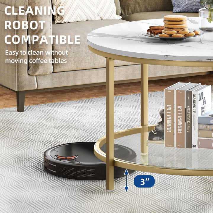 White Marble Pattern Round Coffee Table with Glass 2-Tier Circle Gold Frame White/Gold - Diamond Home USA