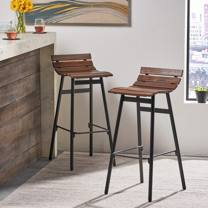 35" Wooden Barstool (Set of 2) by - Dark Brown Black Grey Industrial Iron Wood