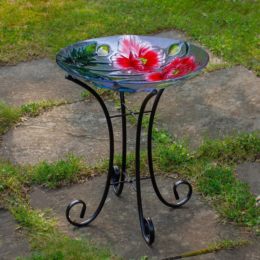 21" Butterfly and Carnations Hand Painted Glass Outdoor Birdbath Purple - Diamond Home USA