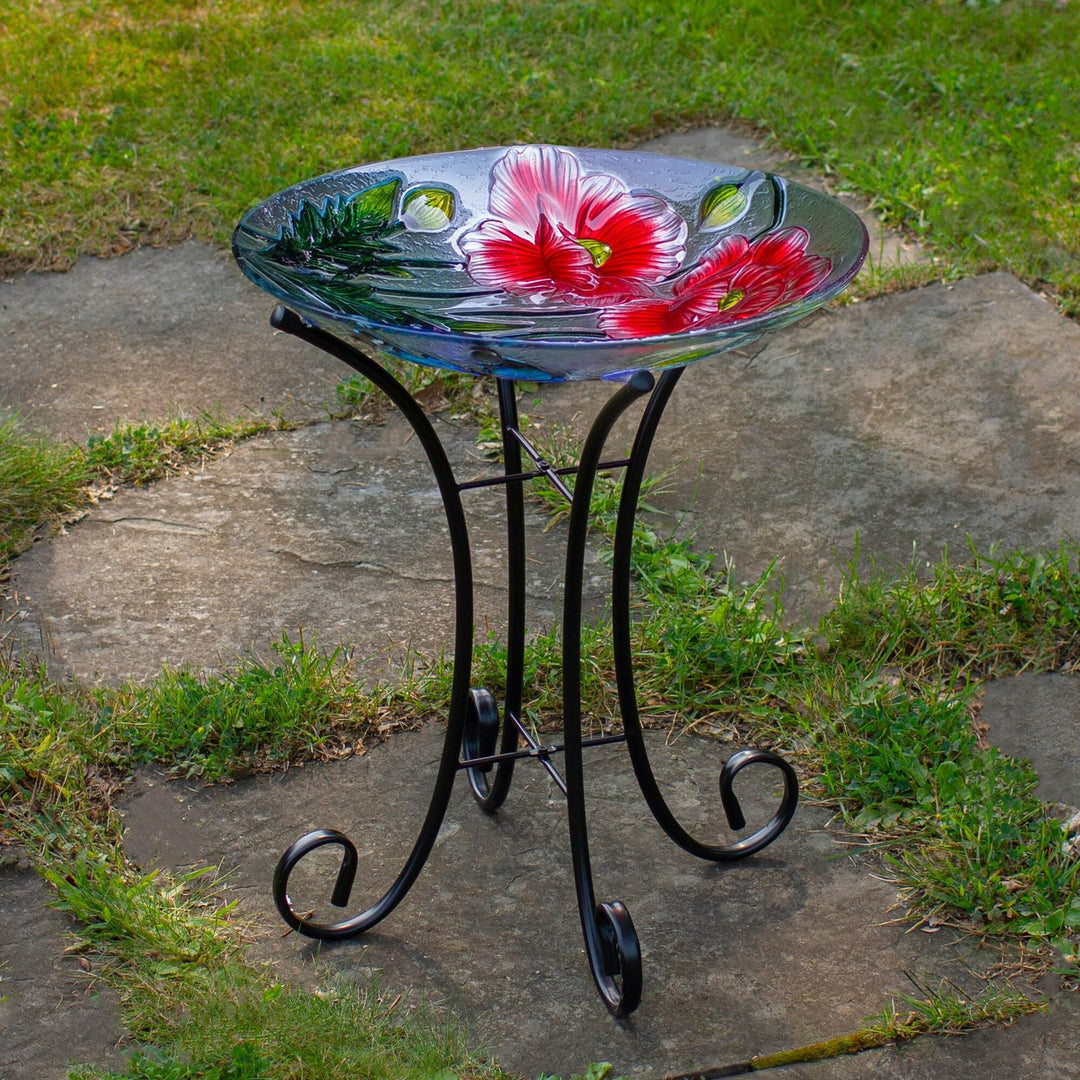 21" Butterfly and Carnations Hand Painted Glass Outdoor Birdbath Purple - Diamond Home USA
