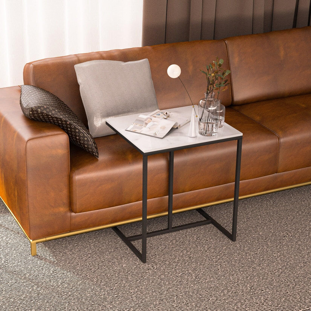 Heavy Duty Marble Top C Shaped Side End Table Sofa Bedside Black Modern - Diamond Home USA