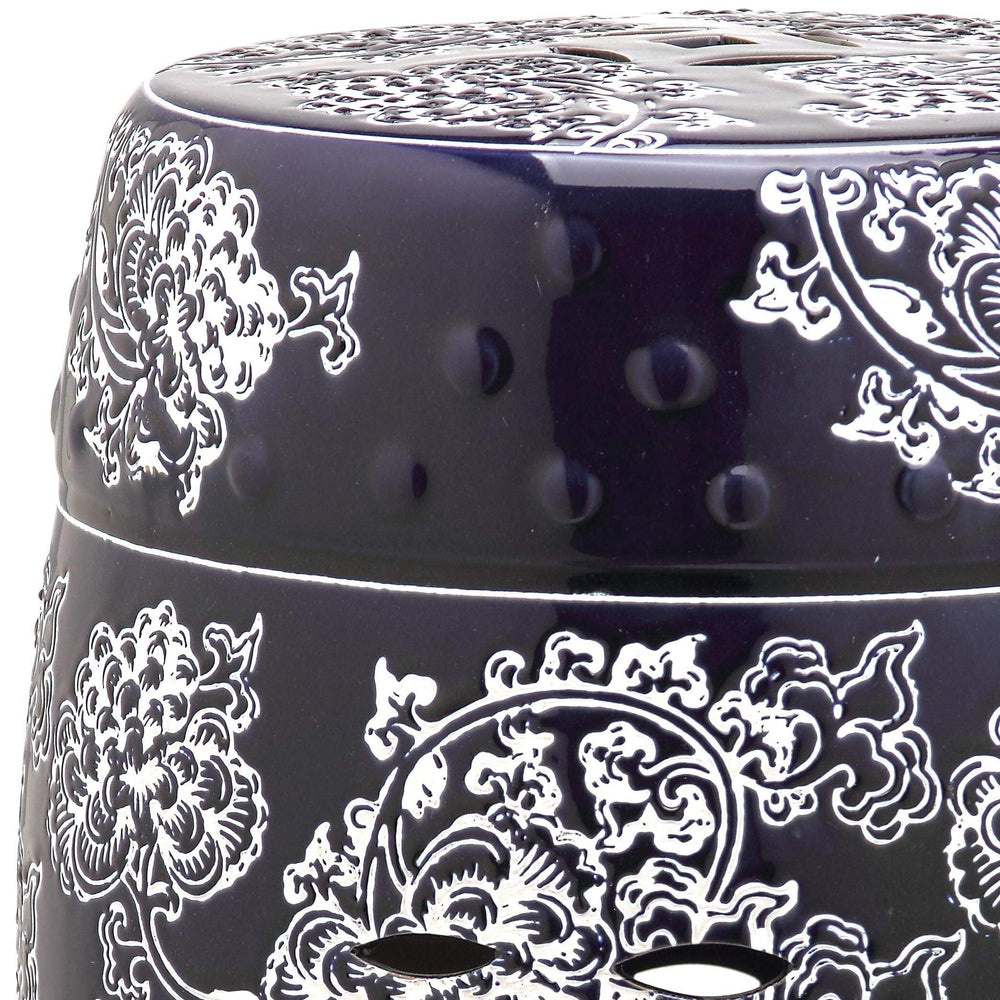Midnight Navy and White Painting Flower Garden Stool - 13" X 17.5" Blue Modern - Diamond Home USA