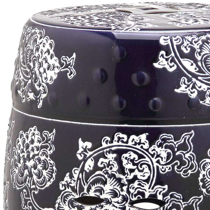 Midnight Navy and White Painting Flower Garden Stool - 13" X 17.5" Blue Modern - Diamond Home USA