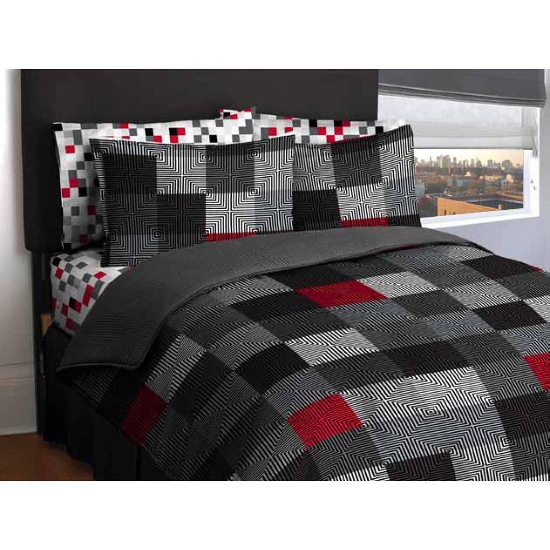 Ln Twin size Teen Boys Red Gray White Black Geo Blocks comforter with sheet