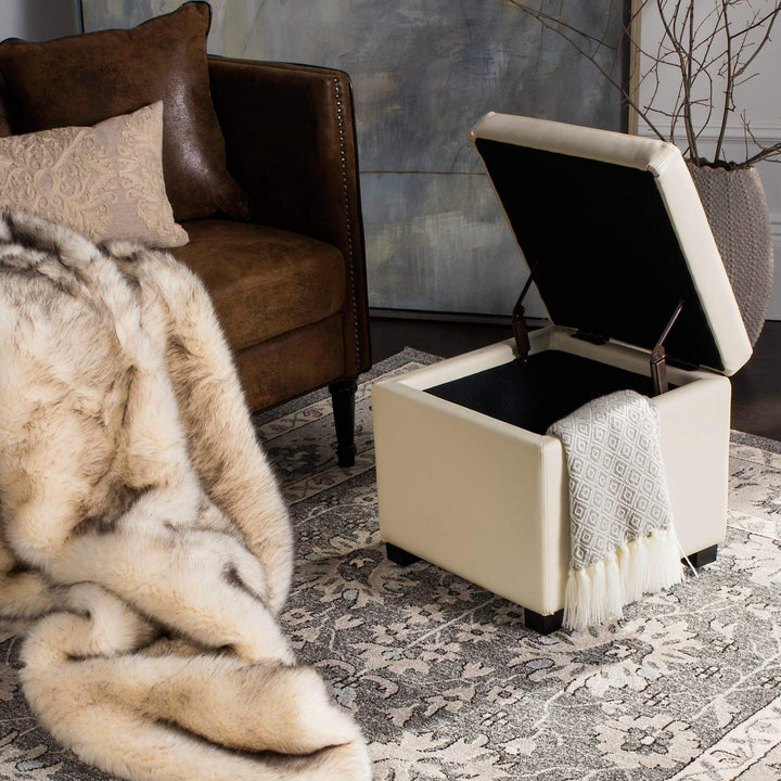 Storage Off White Flip-top Ottoman Transitional Solid Square Leather Wood