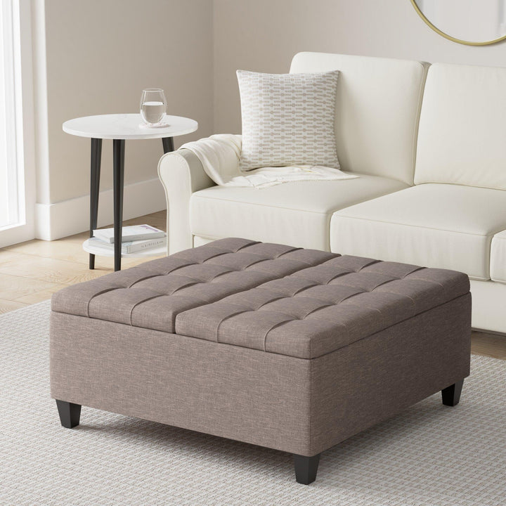 SIMPLIHOME Harrison 36 Inch Wide Square Table Lift Top Storage Ottoman Distressed