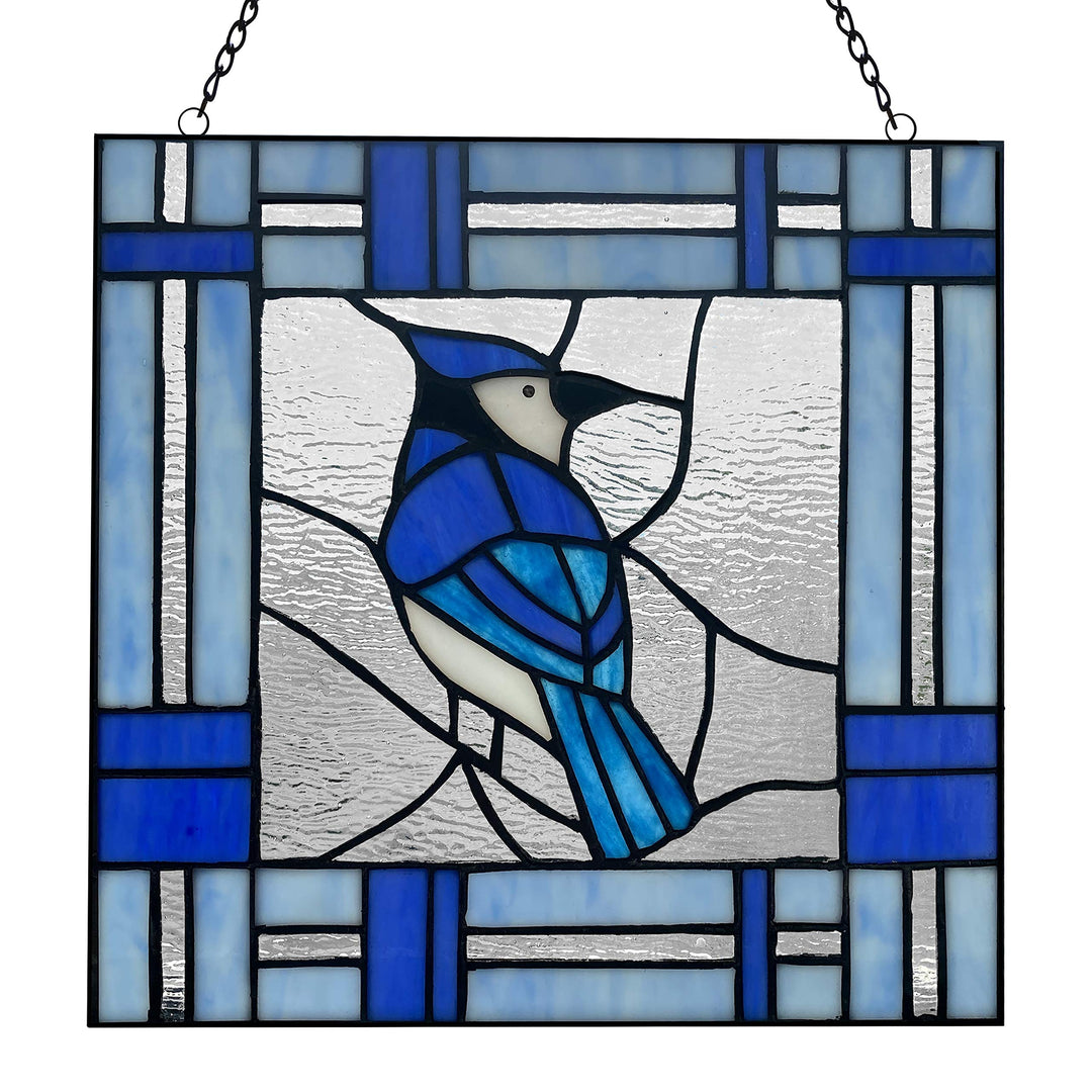 11" h The Blue Jay Stained Glass Window Panel 11" X 0.25" Traditional Square - Diamond Home USA