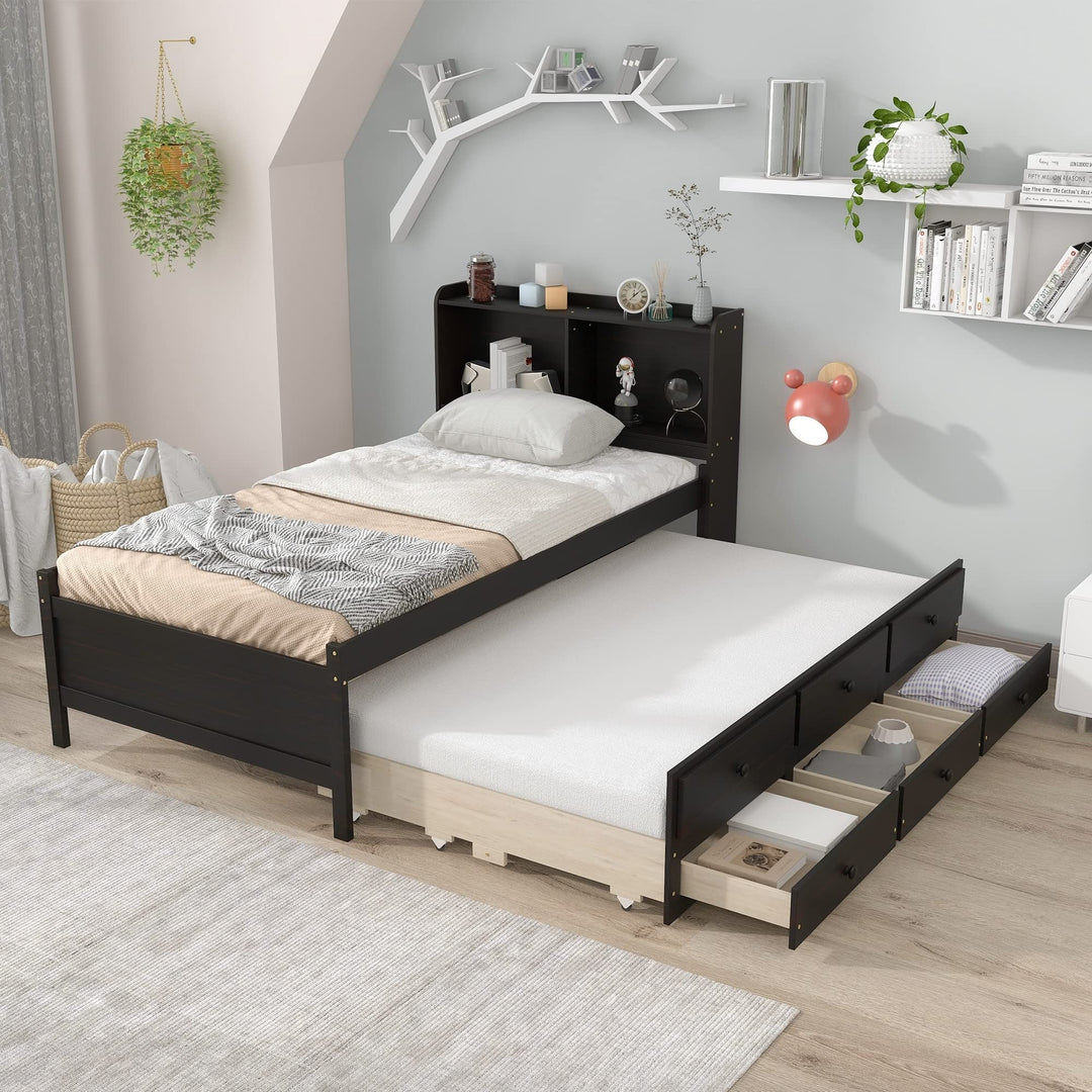 Twin Size Bed with Trundle Headboard Bookcase and 3 Drawers Black Modern - Diamond Home USA