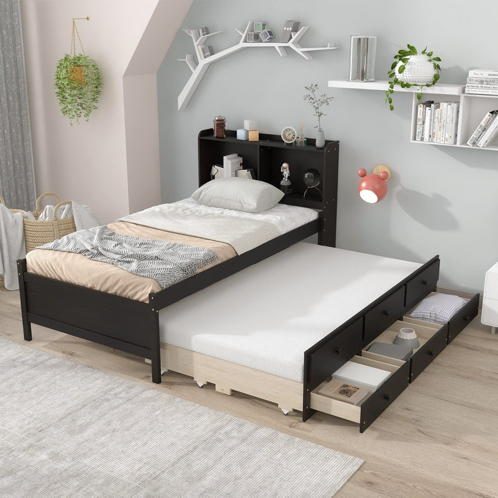 Twin Size Bed with Trundle Headboard Bookcase and 3 Drawers Black Modern - Diamond Home USA