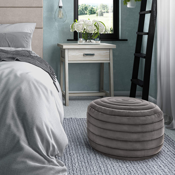 SIMPLIHOME Vivienne Boho Round Pouf in Grey Velvet Footstool Footrest