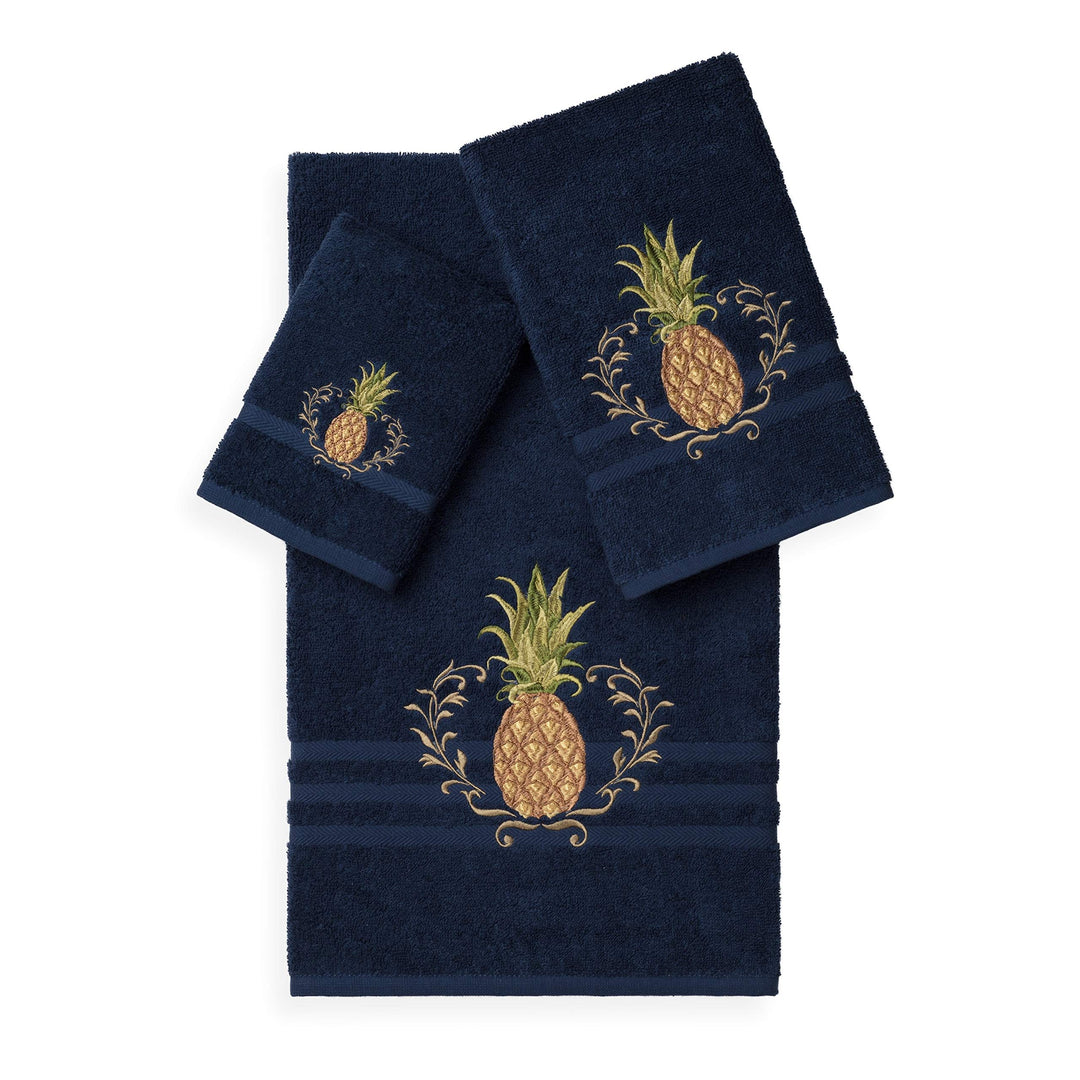 3 Piece Navy Blue Beach Theme Towel Set Tan Beige Tropical Pattern Towels