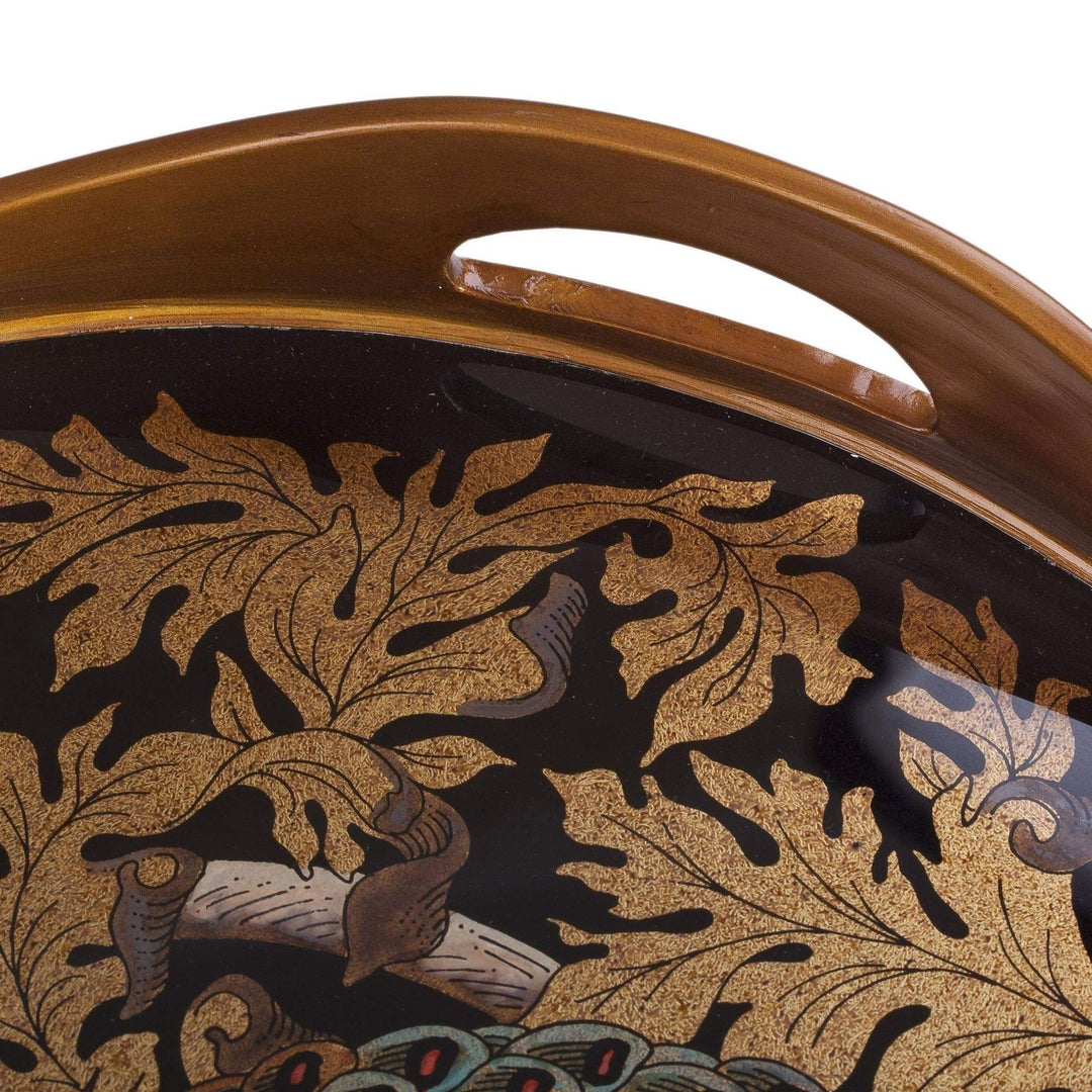 Mystic Peacock in Gold Reverse-Painted Glass Tray Multi Color Wood 1 Piece - Diamond Home USA