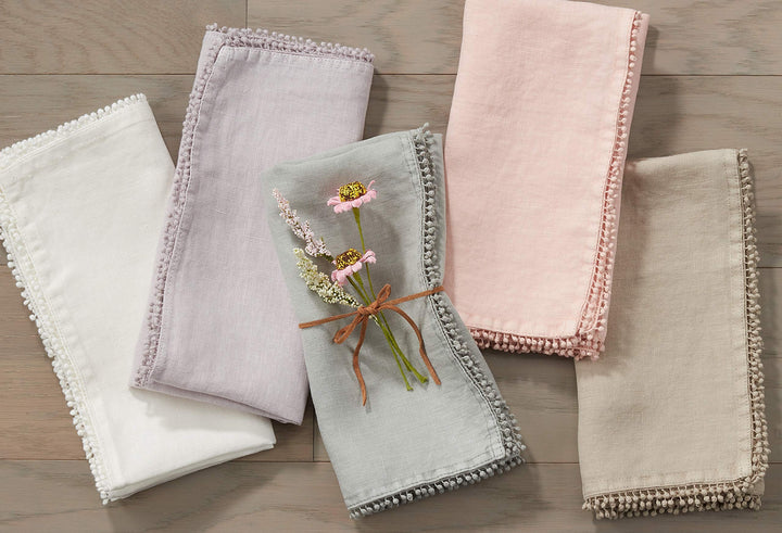 SARO LIFESTYLE 15062.I20S Pomponin Collection Linen Pom Napkins (Set of 4)) Ivory - Diamond Home USA
