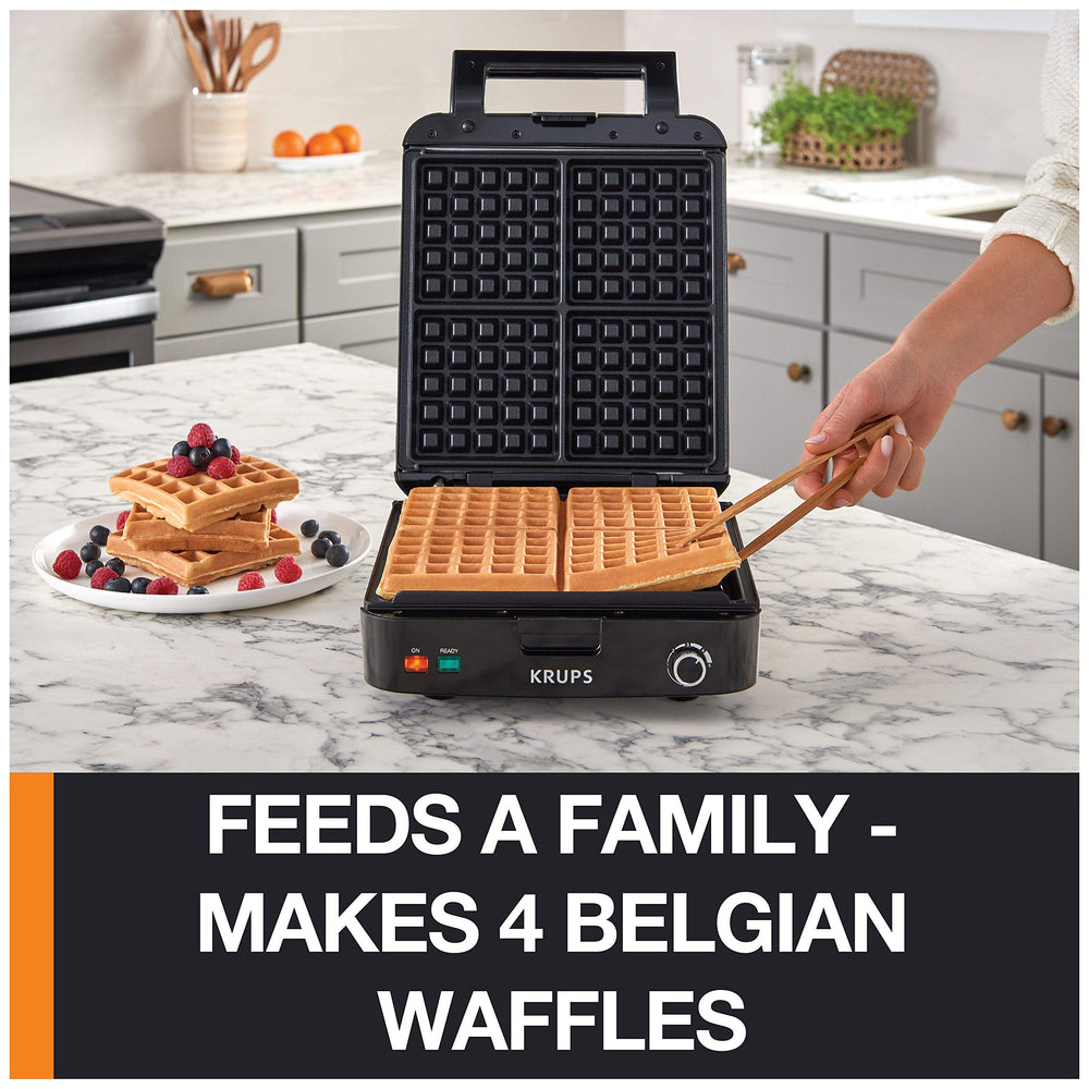 KRUPS: Waffle Maker Stainless Steel 4 Slices 1200 Watts Square 5 Browning Levels - Diamond Home USA
