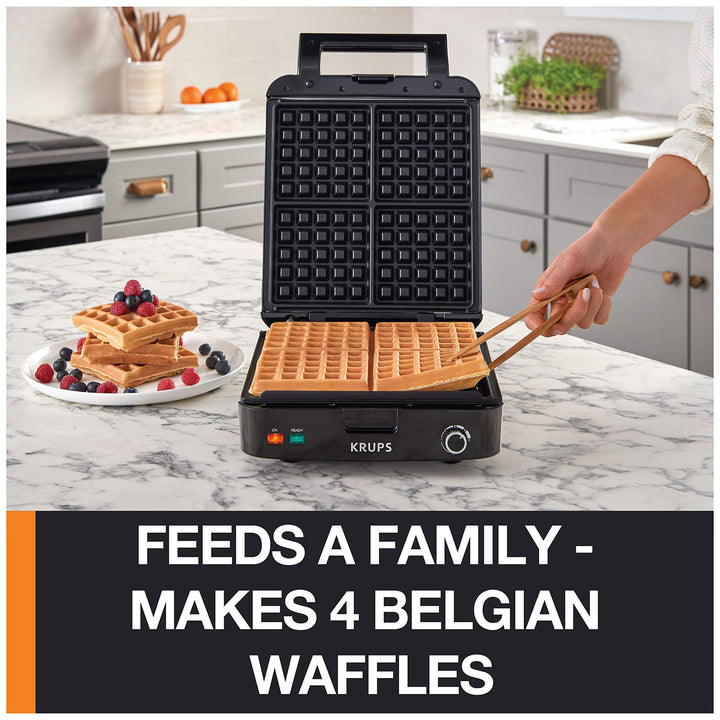 KRUPS: Waffle Maker Stainless Steel 4 Slices 1200 Watts Square 5 Browning Levels - Diamond Home USA