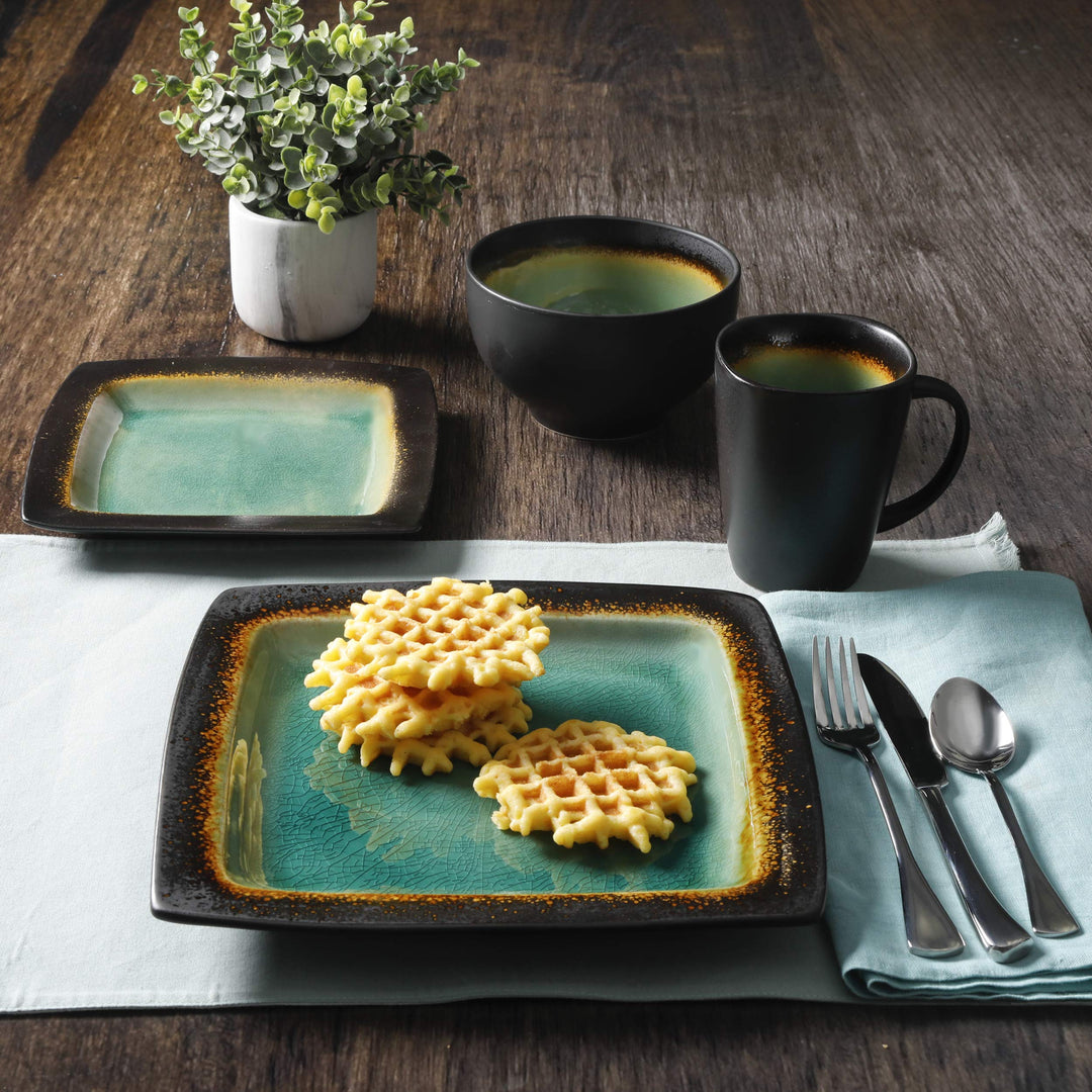 Gibson Elite Ocean Paradise Square Reactive Glaze Stoneware Dinnerware Set - Diamond Home USA