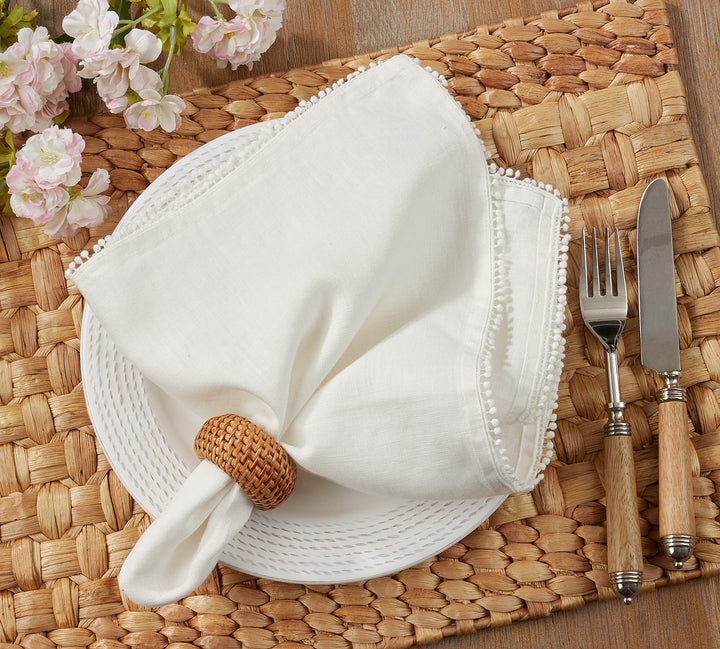 SARO LIFESTYLE 15062.I20S Pomponin Collection Linen Pom Napkins (Set of 4)) Ivory - Diamond Home USA