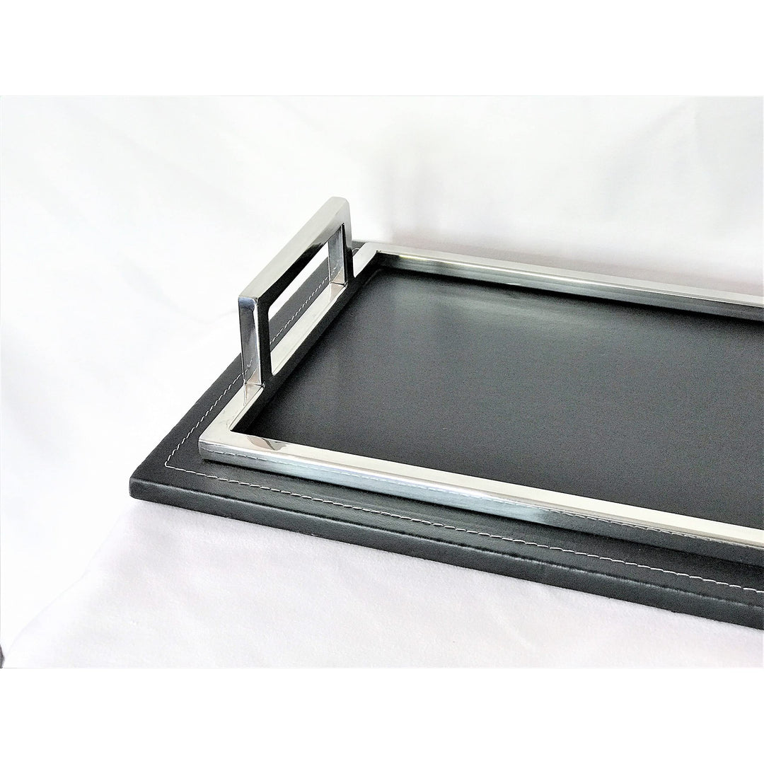 Silver and Black Leather Rectangular Tray with Side Chrome Handles Threaded Trim - Diamond Home USA